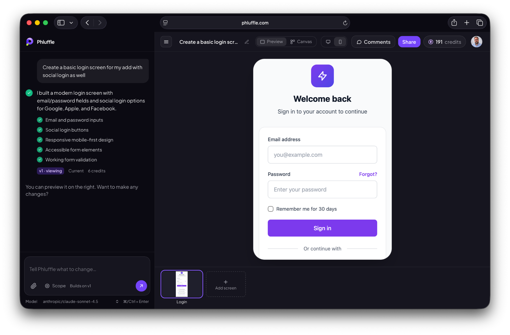 Phluffle editor with a generated login screen and conversational refinement