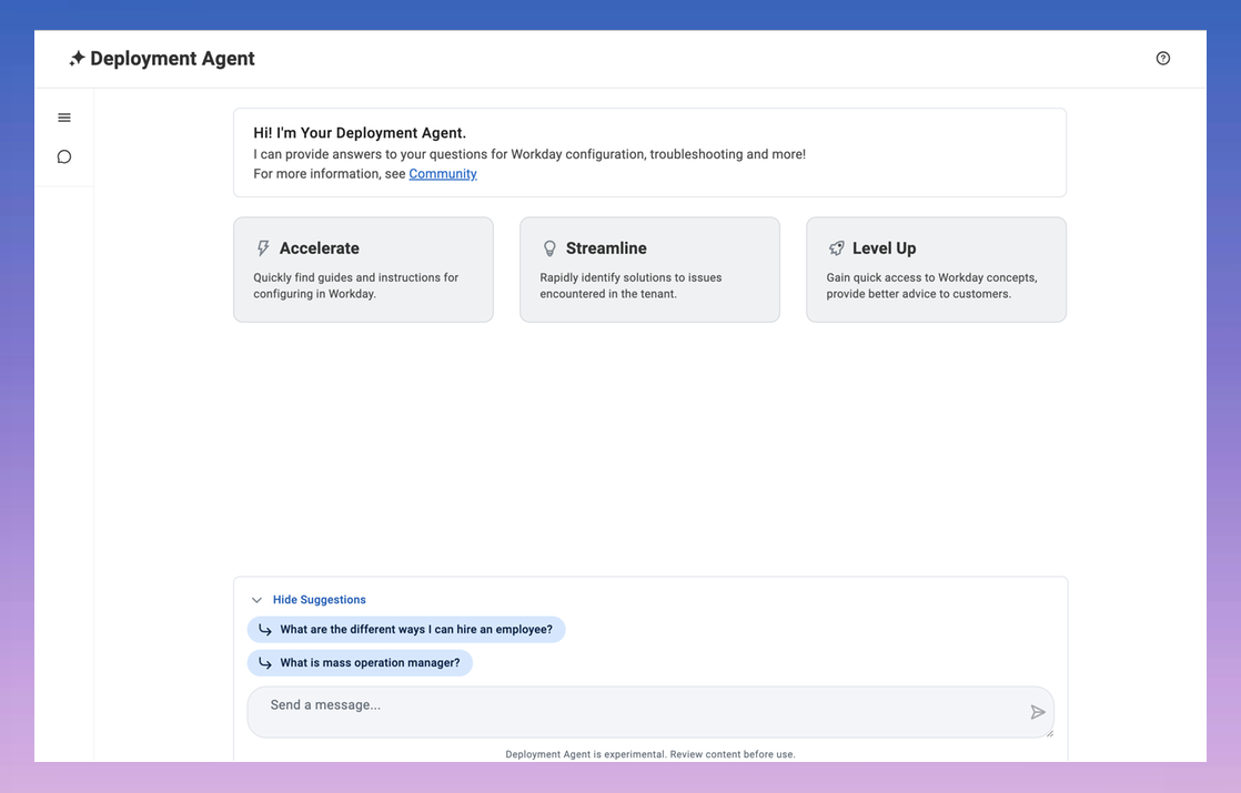 Workday Deployment Agent welcome screen and conversational interface